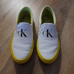 Calvin Klein White Slip-On Sneakers Yellow Accents Women's Size 7 1/2
